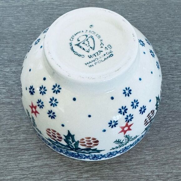 Boleslawiec Polish Pottery Christmas Holly Pinecones Serving Bowl Dish - Picture 3 of 4